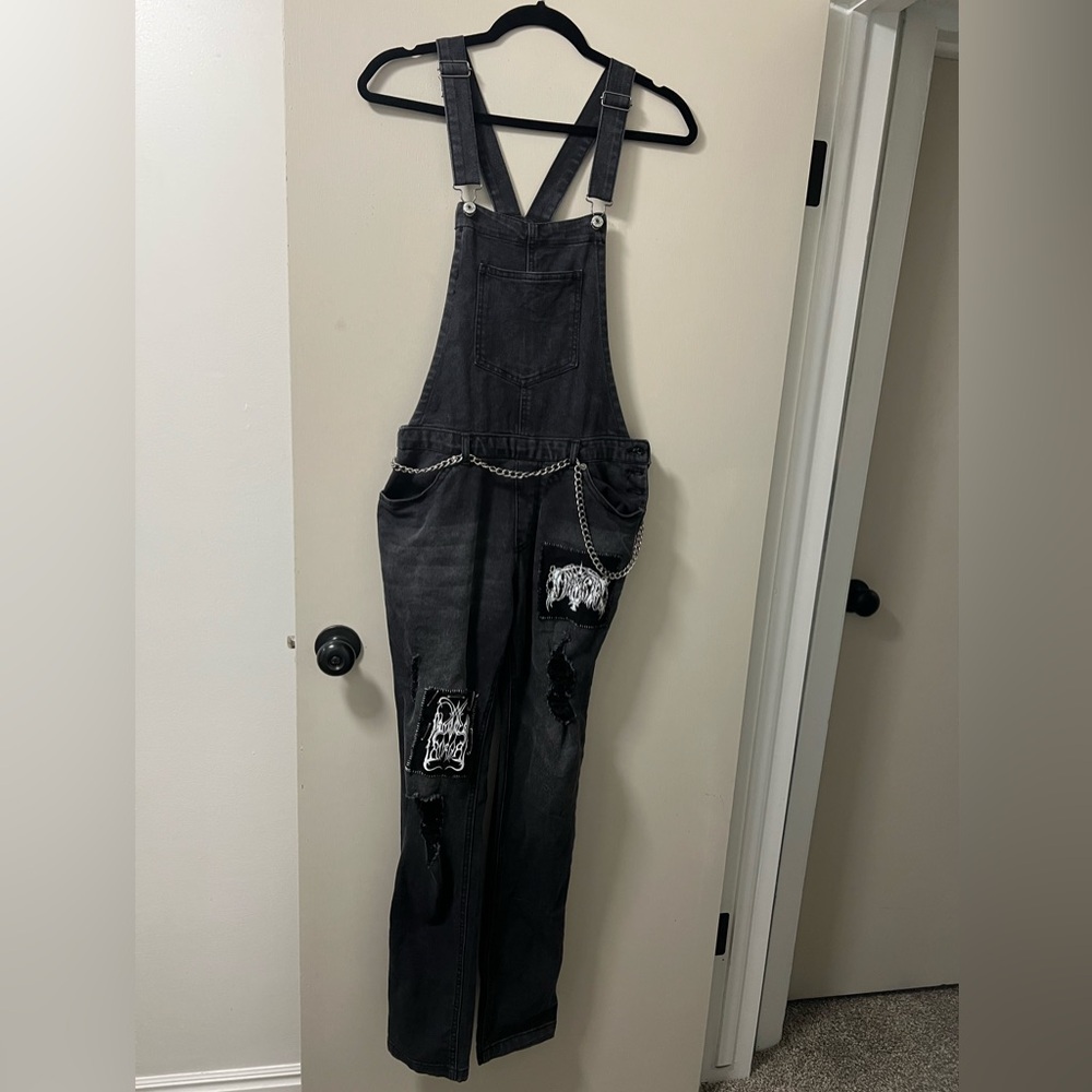 Upcycled Love Tree Black Denim Overalls with Chain and Patches